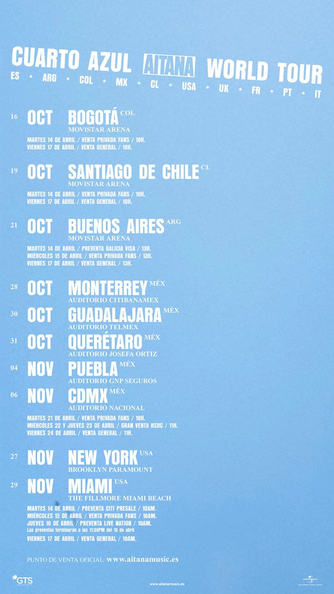 LLEVARÁ SU AITANA “CUARTO AZUL WORLD TOUR” A LATINOAMÉRICA Y ESTADOS UNIDOS ESTE OTOÑO Y A EUROPA EN 2027